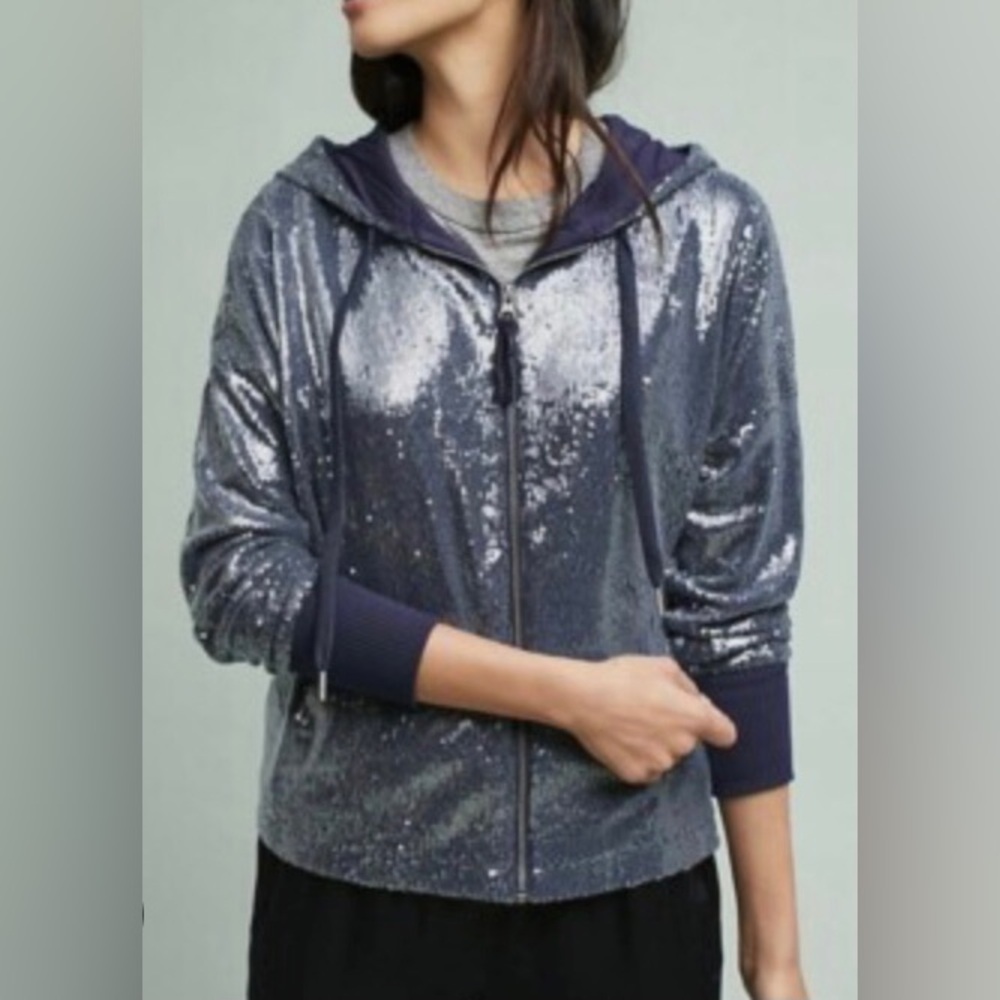 Anthropologie Long sleeve hooded Sequin bomber blue jacket, with a zipper size S